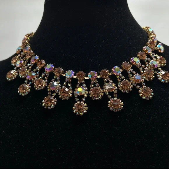 Kramer, Stunning Vintage Amber AB Rhinestone Necklace & Earrings Set, Clips